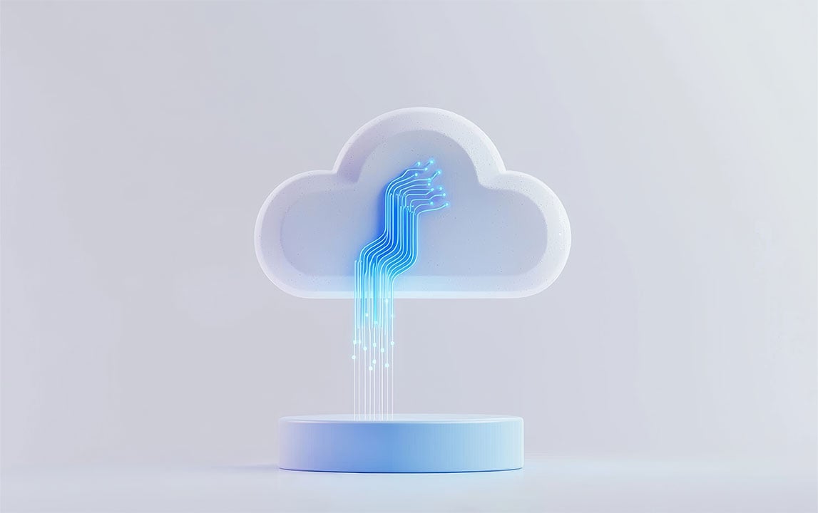 Futuristic AI-powered cloud transformation representing data migration, automation, and seamless cloud connectivity for enhanced scalability and efficiency in data engineering.