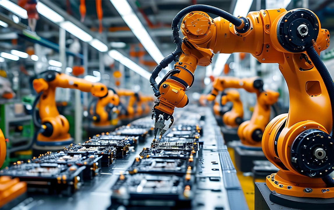 Robotic arms in a manufacturing facility controlled by AI algorithms​